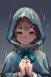 Rule 34 | 1girl, absurdres, aqua bow, bow, brown eyes, brown hair, closed mouth, coin, commentary request, glint, gradient background, grey background, highres, holding, holding coin, hood, hood up, korean commentary, long sleeves, looking at viewer, original, outdoors, poncho, rain, seuhyo99, solo, straight-on, thick eyebrows, upper body