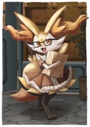 Rule 34 | 1girl, :3, animal ear fluff, animal ears, animal feet, animal hands, animal nose, artist name, bag, baguette, bare shoulders, barefoot, black-framed eyewear, black fur, body fur, border, braixen, bread, buttons, clothed pokemon, collared dress, creatures (company), day, door, dress, fang, feet, female focus, food, fox ears, fox girl, fox tail, frilled dress, frills, full body, furry, furry female, game freak, gen 6 pokemon, glasses, hand up, happy, highres, holding, holding bag, ikei, looking at viewer, multicolored fur, neck fur, nintendo, off-shoulder dress, off shoulder, open mouth, outdoors, outside border, paper bag, plant, pokemon, pokemon (creature), potted plant, puffy short sleeves, puffy sleeves, red dress, red eyes, shopping bag, short dress, short sleeves, signature, skin fang, smile, snout, solo, standing, stick, tail, tongue, white border, white fur, yellow fur