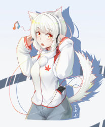 Rule 34 | 1girl, :o, alternate costume, animal ears, artist name, bad id, bad pixiv id, beamed quavers, blush, cellphone, contemporary, fang, feyoi, hands up, headphones, highres, inubashiri momiji, jacket, leaf, leaf print, long sleeves, looking at viewer, maple leaf, musical note, open mouth, pants, phone, pom pom (clothes), red eyes, sleeves past wrists, smartphone, solo, tail, touhou, upper body, white hair, wolf ears, wolf tail
