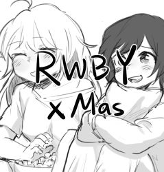 2girls ahoge chadolbaegi cover cover_page food greyscale monochrome multiple_girls pillow popcorn ruby_rose rwby sitting yang_xiao_long