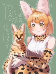 Rule 34 | 1girl, animal, animal ears, bare shoulders, belt, blonde hair, bow, bowtie, cat, cat ears, cat girl, elbow gloves, extra ears, gloves, grey background, highres, kemono friends, looking at viewer, saba ru, serval (kemono friends), serval print, shirt, short hair, simple background, skirt, sleeveless, sleeveless shirt, white shirt, yellow eyes