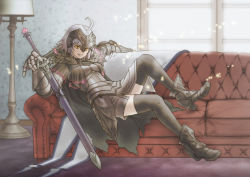 Rule 34 | 1girl, ahoge, armor, armored boots, armored dress, black thighhighs, boots, breasts, cape, chain, couch, fang, fate/grand order, fate (series), floor lamp, full body, fur-trimmed cape, fur trim, gauntlets, grin, headpiece, highres, indoors, jeanne d&#039;arc (fate), jeanne d&#039;arc alter (avenger) (fate), jeanne d&#039;arc alter (fate), leaning back, poponta (hi-key), sheath, sheathed, short hair, silver hair, sitting, smile, solo, sword, thighhighs, weapon, yellow eyes