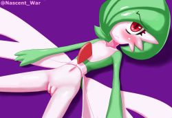 Rule 34 | 1girl, artist name, blush, censored, collarbone, creatures (company), flat chest, from above, game freak, gardevoir, gen 3 pokemon, green hair, hair over one eye, looking at viewer, lying, mosaic censoring, nascent war, navel, nintendo, on back, pokemon, pokemon (creature), pokemon rse, purple background, pussy, red eyes, shiny skin, short hair, simple background, solo, spread legs, text focus, twitter username