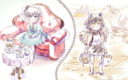 Rule 34 | 2girls, animal ears, black hair, blake belladonna, branch, bucket, cake, couch, cup, cupcake, dirty, dress, flip-flops, food, iesupa, indoors, long sleeves, looking at viewer, multiple girls, outdoors, ponytail, rwby, sandals, scarf, short hair, side ponytail, sitting, skirt, sleeveless, slippers, standing, tea, teacup, teapot, tiered tray, weiss schnee, white hair, yellow eyes, aged down, zipper