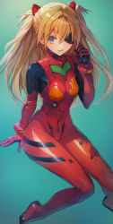 Rule 34 | 1girl, aqua background, blue eyes, bodysuit, breasts, brown hair, covered navel, curvy, evangelion: 3.0 you can (not) redo, eyepatch, gloves, gradient background, hair ornament, highres, invisible chair, long hair, looking at viewer, neon genesis evangelion, one eye covered, parted lips, plugsuit, rebuild of evangelion, red bodysuit, red gloves, shiny clothes, sitting, skin tight, small breasts, solo, souryuu asuka langley, taishi (picchiridou), twintails, two side up