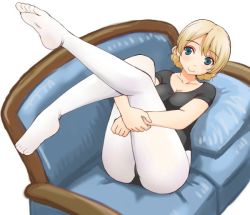 Rule 34 | 1girl, black leotard, blonde hair, blue eyes, blush, braid, breasts, cleavage, closed mouth, commentary, couch, darjeeling (girls und panzer), girls und panzer, head tilt, hugging own legs, legs, legs up, leotard, light blush, looking at viewer, lying, medium breasts, no shoes, on back, on couch, pantyhose, pillow, short hair, short sleeves, simple background, smile, solo, swept bangs, thighs, twin braids, uona telepin, white background, white pantyhose