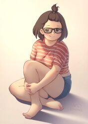 Rule 34 | 1girl, absurdres, artist name, character request, closed mouth, cloudxmoe, copyright request, english text, full body, glasses, hair tie, highres, looking at viewer, medium hair, own hands together, shadow, shirt, short sleeves, shorts, simple background, sitting, solo, striped clothes, striped shirt, t-shirt, tareme, thick thighs, thighs