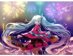 Rule 34 | 1girl, aqua eyes, aqua hair, artist name, asagao minoru, black skirt, black thighhighs, blunt bangs, blurry, blurry background, bokeh, commentary, cowboy shot, depth of field, fireworks, folding fan, frilled skirt, frills, from behind, hair ornament, hand fan, hatsune miku, headphones, holding, holding fan, japanese clothes, kimono, lantern, long hair, looking at viewer, looking back, magical mirai (vocaloid), magical mirai miku, magical mirai miku (2020 summer), miniskirt, night, open mouth, pink sleeves, pleated skirt, single thighhigh, skindentation, skirt, smile, solo, standing, thighhighs, twintails, very long hair, vocaloid, wide sleeves