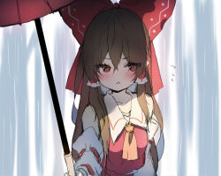 Rule 34 | 1girl, ascot, bare shoulders, blush, bow, brown eyes, brown hair, collarbone, commentary request, detached sleeves, flying sweatdrops, hair bow, hair tubes, hakurei reimu, holding, holding umbrella, long hair, long sleeves, looking at viewer, oil-paper umbrella, open mouth, piyokichi, rain, red bow, red umbrella, sidelocks, solo, touhou, umbrella, upper body, yellow ascot