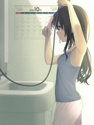 Rule 34 | 1girl, armpits, arms up, bathroom, blue camisole, breasts, brown eyes, brown hair, brushing hair, calendar (object), camisole, comb, from side, hair tie, highres, indoors, long hair, mirror, mouth hold, pajamas, pants, sink, small breasts, solo, tennosuke (tejons), to love-ru, to love-ru darkness, white pajamas, white pants, yuuki mikan