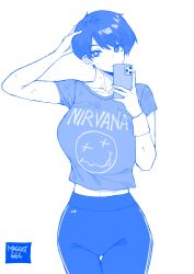 Rule 34 | 1girl, absurdres, artist name, band shirt, breasts, casual, cellphone, collarbone, contrapposto, cowboy shot, hand in own hair, highres, large breasts, looking at viewer, merchandise, midriff peek, monochrome, norman maggot, olive laurentia, original, pants, phone, selfie, short hair, short sleeves, simple background, smartphone, solo, straight-on, sweatband, swept bangs, thigh gap, track pants, white background