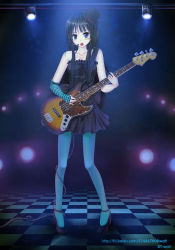Rule 34 | 1girl, akiyama mio, aqua pantyhose, bad id, bad pixiv id, bass guitar, blue pantyhose, checkered floor, don&#039;t say &quot;lazy&quot;, dress, floor, hat, headset, high heels, highres, instrument, k-on!, legs, long hair, mini hat, mini top hat, open mouth, pantyhose, shoes, solo, spotlight, striped, top hat, wait