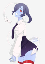 Rule 34 | 1girl, absurdres, artist name, blue hair, blue skin, colored skin, hair over one eye, highres, leviathan (skullgirls), necktie, open mouth, own hands clasped, pleated skirt, primrose graveyard, red eyes, school uniform, side ponytail, skeletal arm, skirt, skullgirls, smile, solo, squigly (skullgirls), striped clothes, striped thighhighs, thighhighs