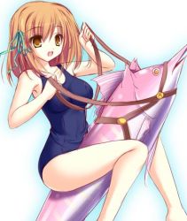 Rule 34 | fish, hair ribbon, harness, lowres, mikagami mamizu, one-piece swimsuit, ribbon, riding, school swimsuit, source request, swimsuit, swordfish
