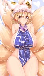Rule 34 | 1girl, absurdres, animal ears, animal hat, arms behind back, bare shoulders, blonde hair, blue background, blush, breasts, commentary request, cowboy shot, fox ears, fox tail, frills, gradient background, hair between eyes, hat, heart, heart background, highres, huge breasts, light smile, looking at viewer, multiple tails, naked tabard, short hair, sideboob, simple background, solo, sunnysideup, tabard, tail, tassel, thighs, touhou, white hat, yakumo ran, yellow eyes