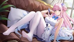 Rule 34 | 1girl, bare shoulders, blue archive, blue bow, bow, breasts, closed mouth, couch, dress, dress bow, hair bun, hair ornament, hair scrunchie, hand up, highres, indoors, large breasts, long hair, low wings, mika (blue archive), multicolored hair, no halo, on couch, otakueden1995, pantyhose, pillow, pink hair, scrunchie, sidelocks, single hair bun, sitting, sleeveless, sleeveless dress, smile, solo, white pantyhose, white wings, window, wings, wrist scrunchie, yellow eyes