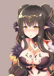 Rule 34 | 1girl, :o, bare shoulders, bikini, black bikini, black gloves, black hair, blush, body writing, breasts, chocolate, chocolate on body, chocolate on breasts, cleavage, collarbone, detached collar, elbow gloves, english text, fate/apocrypha, fate/grand order, fate (series), food on body, fur-trimmed gloves, fur trim, gem, gloves, grey background, highres, holding, index finger raised, jewelry, kana (ky4696), large breasts, long hair, looking at viewer, necklace, nose blush, open mouth, pointy ears, semiramis (fate), shiny skin, sidelocks, simple background, solo, swimsuit, tiara, twintails, upper body