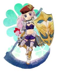 Rule 34 | 1girl, armor, armored boots, beret, bikini armor, black eyes, boots, bow, breasts, closed mouth, commentary request, cross, faulds, full body, gauntlets, hair bow, hat, heterochromia, holding, holding scythe, holding shield, long hair, looking at viewer, low-tied long hair, navel, pauldrons, pink hair, pointy ears, purple eyes, purple shorts, purple thighhighs, ragnarok online, red bow, red hat, royal guard (ragnarok online), scythe, shield, shorts, shoulder armor, sideways hat, small breasts, smile, solo, thighhighs, umaruzo, white background