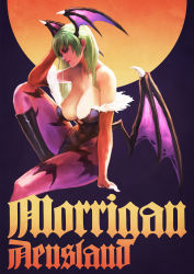 Rule 34 | 1girl, absurdres, animal print, bare shoulders, bat print, bat wings, black leotard, breasts, bridal gauntlets, character name, cleavage, commentary, cropped legs, demon girl, english commentary, eyeshadow, full moon, gloves, green eyes, green hair, head wings, highres, impossible clothes, impossible leotard, invisible chair, large breasts, leotard, lips, long hair, low wings, makeup, monori rogue, moon, morrigan aensland, nose, orange gloves, orange moon, pantyhose, print pantyhose, purple pantyhose, purple wings, sagging breasts, sitting, solo, strapless, strapless leotard, thighs, vampire (game), wings