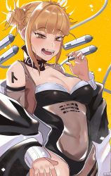 Rule 34 | 1girl, belly, blonde hair, blood, blood on hands, blush, boku no hero academia, bra, breasts, cleavage, collar, collarbone, double bun, groin, hair bun, highres, hip bones, jacket, jacket partially removed, large breasts, looking at viewer, messy hair, midriff, nail polish, navel, panties, simple background, slit pupils, smile, solo, stomach, tattoo, teeth, thighs, toga himiko, tongue, underwear, yellow background, yellow eyes, yellow nails, zd (pixiv6210083)