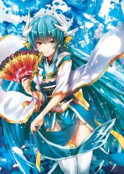 Rule 34 | 1girl, aqua hair, arms at sides, closed mouth, daiji pt, dragon girl, dragon horns, fate/grand order, fate (series), folding fan, hair between eyes, hair ornament, hand fan, hand up, highres, holding, holding fan, horns, japanese clothes, kiyohime (fate), long hair, looking at viewer, obi, pelvic curtain, sash, smile, solo, thighhighs, very long hair, white thighhighs, yellow eyes