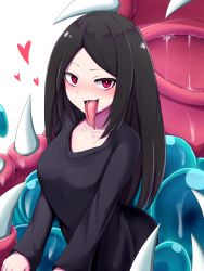 Rule 34 | 1girl, black dress, black hair, breasts, collarbone, commentary request, dress, heart, highres, long hair, long tongue, looking at viewer, medium breasts, mimic, minelli (mon-musu quest!), mimic chest, mon-musu quest!, monster girl, open mouth, raichi (ddq0246), red eyes, saliva, sharp teeth, simple background, slime (substance), solo, teeth, tongue, tongue out, white background