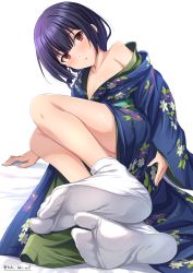 Rule 34 | 1girl, absurdres, accidental exposure, black hair, blue kimono, blush, breasts, brown eyes, collarbone, commentary request, covering privates, covering ass, feet, floral print, foot focus, foreshortening, highres, idolmaster, idolmaster shiny colors, japanese clothes, kimono, legs, looking at viewer, morino rinze, obi, on floor, parted lips, print kimono, sash, short hair, single bare shoulder, small breasts, socks, soles, solo, tabi, takatsuki p, thighs, twitter username, white background, white socks