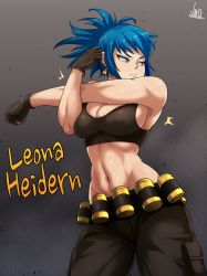 Rule 34 | 1girl, abs, armpits, bare shoulders, black gloves, blue eyes, blue hair, breast press, breasts, character name, cleavage, commentary, earrings, gloves, highres, jewelry, jmg, large breasts, leona heidern, muscular, muscular female, navel, pants, ponytail, serious, short ponytail, signature, solo, the king of fighters