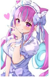Rule 34 | 1girl, ahoge, anchor symbol, blue hair, blue nails, bow, breasts, cat girl, closed mouth, colored inner hair, drill hair, extra ears, frills, hair bow, hair ribbon, heart, highres, hitsujisnow, hololive, long hair, looking at viewer, maid, maid headdress, minato aqua, minato aqua (1st costume), multicolored hair, nail polish, purple eyes, purple hair, ribbon, shirt, smile, solo, streaked hair, twintails, two-tone hair, v, very long hair, virtual youtuber, white shirt