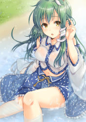 Rule 34 | 1girl, :o, absurdres, adjusting hair, blush, bra, breasts, courreges ace, detached sleeves, face, female focus, frog, gohei, green hair, hair ornament, tucking hair, highres, kochiya sanae, large breasts, lingerie, long hair, looking at viewer, midriff, navel, oonusa, open mouth, parted lips, partially submerged, see-through, shiny skin, sitting, snake, solo, touhou, underwear, water, wet, wet clothes, yellow eyes