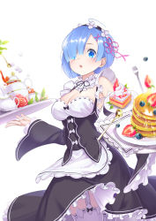 Rule 34 | 1girl, absurdres, apron, black ribbon, blue eyes, blue hair, blunt bangs, blush, breasts, cake, cleavage, commentary request, cowboy shot, cup, detached sleeves, dress, falling, food, frilled apron, frilled dress, frilled sleeves, frills, fruit, garter straps, hair ornament, hair over one eye, hair ribbon, hairclip, highres, holding, holding tray, long sleeves, looking at viewer, maid, maid headdress, medium breasts, open mouth, pink ribbon, plate, re:zero kara hajimeru isekai seikatsu, rem (re:zero), ribbon, ribbon-trimmed clothes, ribbon-trimmed legwear, ribbon trim, roswaal mansion maid uniform, short hair, solo, strawberry, teacup, thighhighs, tray, waist apron, white apron, white thighhighs, x hair ornament, zhuang yao