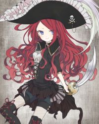 Rule 34 | 1girl, bad id, bad pixiv id, blue eyes, boots, cross-laced footwear, fishnet pantyhose, fishnets, hat, jolly roger, kagami (dore mila), long hair, original, pantyhose, pirate, pirate hat, red hair, skirt, skull and crossed swords, smile, solo, striped clothes, striped skirt, sword, vertical-striped clothes, vertical-striped skirt, weapon