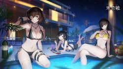 Rule 34 | 3girls, ;), alternate costume, animal print, barefoot, bikini, black hair, blue eyes, blurry, blurry foreground, bracelet, breasts, brown hair, counter:side, criss-cross halter, crossed legs, depth of field, eyepatch, eyewear on head, food, green eyes, halterneck, hand on own chest, highres, jewelry, joo shiyoung, large breasts, lee jisoo, leopard print, long hair, lying, multi-strapped bikini, multiple girls, navel, necklace, night, official alternate costume, official art, on stomach, one eye closed, outdoors, petals, pocky, poolside, red eyes, rosaria (counter:side), sarong, scrunchie, short hair, side-tie bikini bottom, sitting, small breasts, smile, soaking feet, string bikini, sunglasses, swimsuit, thigh strap, very long hair, wet, wet hair, wrist scrunchie