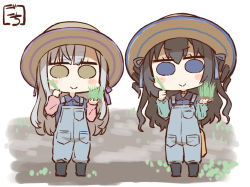 Rule 34 | &gt;:), 2girls, :&gt;, artist name, assault lily, black footwear, black hair, blue eyes, blue overalls, blue ribbon, blue shirt, blush, boots, breast pocket, brown headwear, chibi, choker, collared shirt, commentary request, drill hair, full body, funato yurie, gochisousama (tanin050), grass, grey hair, hair ribbon, hands up, hat, holding, kon kanaho, long hair, long sleeves, looking at viewer, maeda kaori, multiple girls, o-ring, o-ring choker, overalls, photo-referenced, pocket, ribbon, shirt, soil, solid circle eyes, standing, straw hat, sun hat, twin drills, two side up, v-shaped eyebrows, very long hair, voice actor connection, white background, yellow eyes, yokota haruna