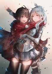 Rule 34 | 2girls, advarcher, alternate costume, cape, fingerless gloves, gloves, hat, highres, holding hands, holstered, hug, knife, multiple girls, red scarf, ruby rose, rwby, scarf, shared clothes, shared scarf, skindentation, smile, thigh strap, thighhighs, weiss schnee, white hair, yuri