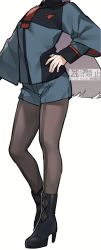 Rule 34 | 1girl, absurdres, asticassia school uniform, black footwear, black pantyhose, boots, breasts, green jacket, grey hair, grey shorts, gundam, gundam suisei no majo, hand on own hip, head out of frame, high heel boots, high heels, highres, hotta mskz, jacket, legs, long hair, miorine rembran, necktie, pantyhose, red necktie, school uniform, shorts, small breasts, solo, sunrise (company), watermark, white background