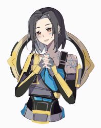 Rule 34 | 1girl, animification, apex legends, ba shi (sans1371), black hair, blue tank top, blush, chinese commentary, collarbone, conduit (apex legends), detached sleeves, fingerless gloves, gloves, grey gloves, hair behind ear, head tilt, highres, interlocked fingers, medium hair, open mouth, simple background, single detached sleeve, single sleeve, smile, solo, tank top, white background