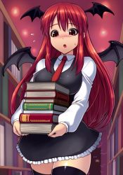 Rule 34 | 1girl, :o, aura, bat wings, black thighhighs, blush, book, book stack, bookshelf, breasts, candle, dark aura, demon tail, dress, dress shirt, flying sweatdrops, head wings, highres, holding, holding book, koakuma, large breasts, library, long hair, md5 mismatch, necktie, open mouth, puffy sleeves, red eyes, red hair, red necktie, shimashima-ace, shirt, skirt, skirt set, solo, tail, tentacles, thighhighs, touhou, vest, when you see it, wings, zettai ryouiki