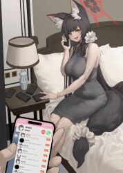 Rule 34 | 1girl, absurdres, alternate costume, animal ears, b-pang, bare arms, bare shoulders, bed, blue archive, blush, bracelet, cellphone, character request, check character, commentary, dress, english commentary, grey dress, hair ornament, halo, highres, holding, holding phone, indoors, jewelry, lamp, long hair, looking at viewer, open mouth, phone, pillow, red halo, sitting, smartphone, smile, solo focus, wakamo (blue archive), yellow eyes