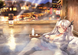 Rule 34 | 1girl, ahoge, azur lane, blush, breasts, brown eyes, choko (cup), city lights, closed mouth, commentary request, cup, hair ribbon, holding, lantern, large breasts, long hair, looking at viewer, multicolored hair, partially submerged, prinz eugen (azur lane), reclining, ribbon, rupe paperu, silver hair, solo, steam, tokkuri, two-tone hair, two side up, water
