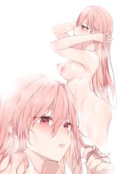 Rule 34 | 1girl, absurdres, blush, breasts, closed mouth, girls&#039; frontline, hair between eyes, half-closed eyes, hands in hair, highres, jingo, long hair, looking at viewer, medium breasts, negev (girls&#039; frontline), nipples, nude, parted lips, pink hair, playing with own hair, pussy, red eyes, showering, simple background, thighs, uncensored, wet, white background