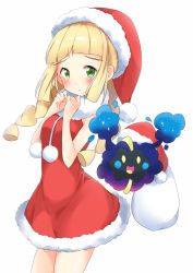 Rule 34 | 1girl, :d, alternate costume, bare arms, blonde hair, blunt bangs, blush, braid, breasts, closed mouth, cosmog, creatures (company), dress, fingers together, fur trim, game freak, gen 7 pokemon, green eyes, hat, itachi maki, legendary pokemon, lillie (pokemon), long hair, looking at viewer, nintendo, no nose, open mouth, pokemon, pokemon (creature), pokemon sm, pom pom (clothes), red dress, red hat, sack, santa costume, santa hat, short dress, simple background, sleeveless, sleeveless dress, small breasts, smile, sparkle, standing, twin braids, white background