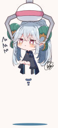 Rule 34 | 1girl, :i, beni shake, black dress, blue scarf, blush, chibi, closed mouth, commentary request, crane game, dress, fate/grand order, fate (series), grey background, grey hair, hair between eyes, highres, horns, larva tiamat (fate), larva tiamat (second ascension) (fate), long hair, long sleeves, motion lines, pout, red eyes, scarf, shadow, signature, simple background, sleeves past fingers, sleeves past wrists, solo, squiggle, symbol-shaped pupils, tiamat (fate), twintails, very long hair
