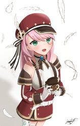 Rule 34 | absurdres, camera, charlotte (genshin impact), feathers, genshin impact, gloves, green eyes, hat, highres, holding, holding camera, long sleeves, looking at viewer, md5 mismatch, n2o, pink hair, resolution mismatch, source smaller, white background