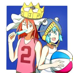 Rule 34 | 2others, :d, androgynous, ball, bare shoulders, beachball, blue eyes, blue hair, crown, food, food in mouth, gradient ray, holding, holding ball, len&#039;en, light blue hair, moritake medias, multiple others, one eye closed, ooya kunimitsu, open mouth, popsicle, popsicle in mouth, red eyes, red hair, red shirt, shirt, short hair, sleeveless, sleeveless shirt, smile, white shirt