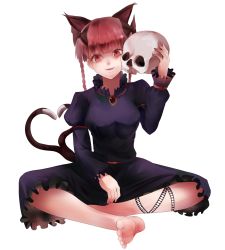 Rule 34 | 1girl, animal ears, bad id, bad pixiv id, barefoot, bow, braid, cat ears, cat girl, cat tail, cheek squash, dress, extra ears, fang, feet, female focus, hair bow, heart, heart tail, highres, hizagawa rau, indian style, kaenbyou rin, leg ribbon, multiple ears, multiple tails, open mouth, red eyes, red hair, ribbon, sitting, skull, solo, tail, touhou, twin braids