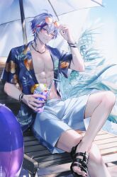 Rule 34 | 1boy, abs, ball, bare legs, beach chair, beachball, black nails, blue shirt, bracelet, commentary request, crossed legs, drink, drinking straw, eyewear on head, floral print, food, foot out of frame, fuwa minato, hand up, highres, holding, holding drink, ice cream, jewelry, male focus, multicolored hair, nail polish, nijisanji, open clothes, open shirt, orange-tinted eyewear, outdoors, plant, purple hair, red hair, sandals, shirt, short sleeves, shorts, solo, streaked hair, sunglasses, tinted eyewear, toned, toned male, umeno shii, virtual youtuber, white hair, white shorts