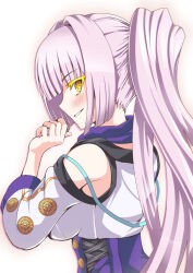 Rule 34 | 1girl, bare shoulders, blunt ends, chrysanthemum print, clenched hand, clothing cutout, colored eyelashes, commentary, deni m, detached collar, floral print, hair intakes, highres, kiku ichimonji norimune, long hair, long sleeves, looking back, official alternate hairstyle, ponytail, purple hair, shoulder cutout, sidelocks, simple background, smile, solo, teeth, tenka hyakken, yellow eyes