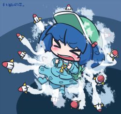 Rule 34 | &gt; &lt;, 1girl, backpack, bad id, bad pixiv id, bag, blue hair, chibi, closed eyes, hair bobbles, hair ornament, hat, inunoko., kawashiro nitori, key, looking at viewer, missile, open mouth, rocket, smoke, solo, touhou, two side up