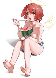 Rule 34 | 1girl, absurdres, arknights, bare legs, barefoot, breasts, collarbone, detached wings, eating, energy wings, exusiai (arknights), food, fruit, full body, grey shorts, halo, highres, holding, holding food, holding spoon, knees together feet apart, looking at viewer, medium breasts, open mouth, orange eyes, red hair, rui (woyoudabing rui), short hair, short shorts, shorts, simple background, sitting, solo, spoon, topless, watermelon, white background, wings